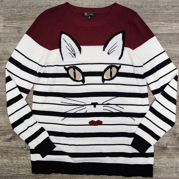 DG2 By Diane Gilman Pullover Sweater Size Med Kitty Cat Burgundy/Cream Stripe - Picture 2 of 10